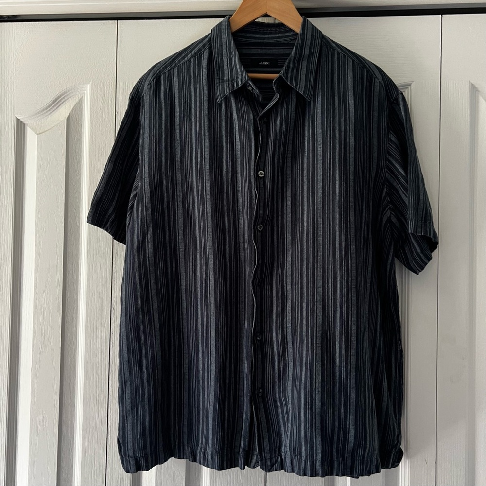 Alfani Navy Casual Button Down Linen Blend Shirt with Vertical Stripes Size XL